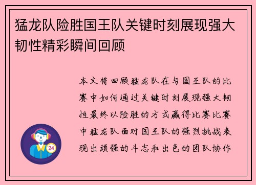 猛龙队险胜国王队关键时刻展现强大韧性精彩瞬间回顾